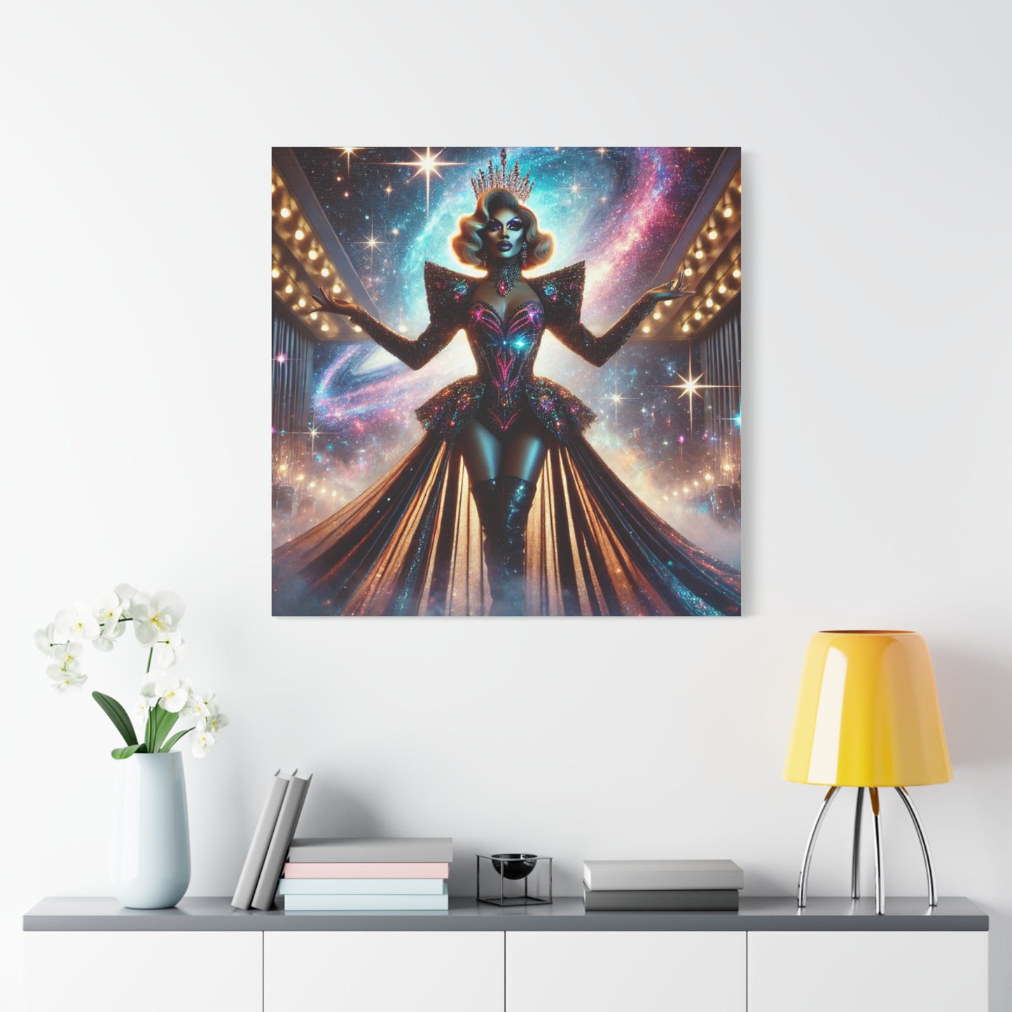 Galactic Crowned Elegance" Drag Queen Canvas Print – 36 x 36