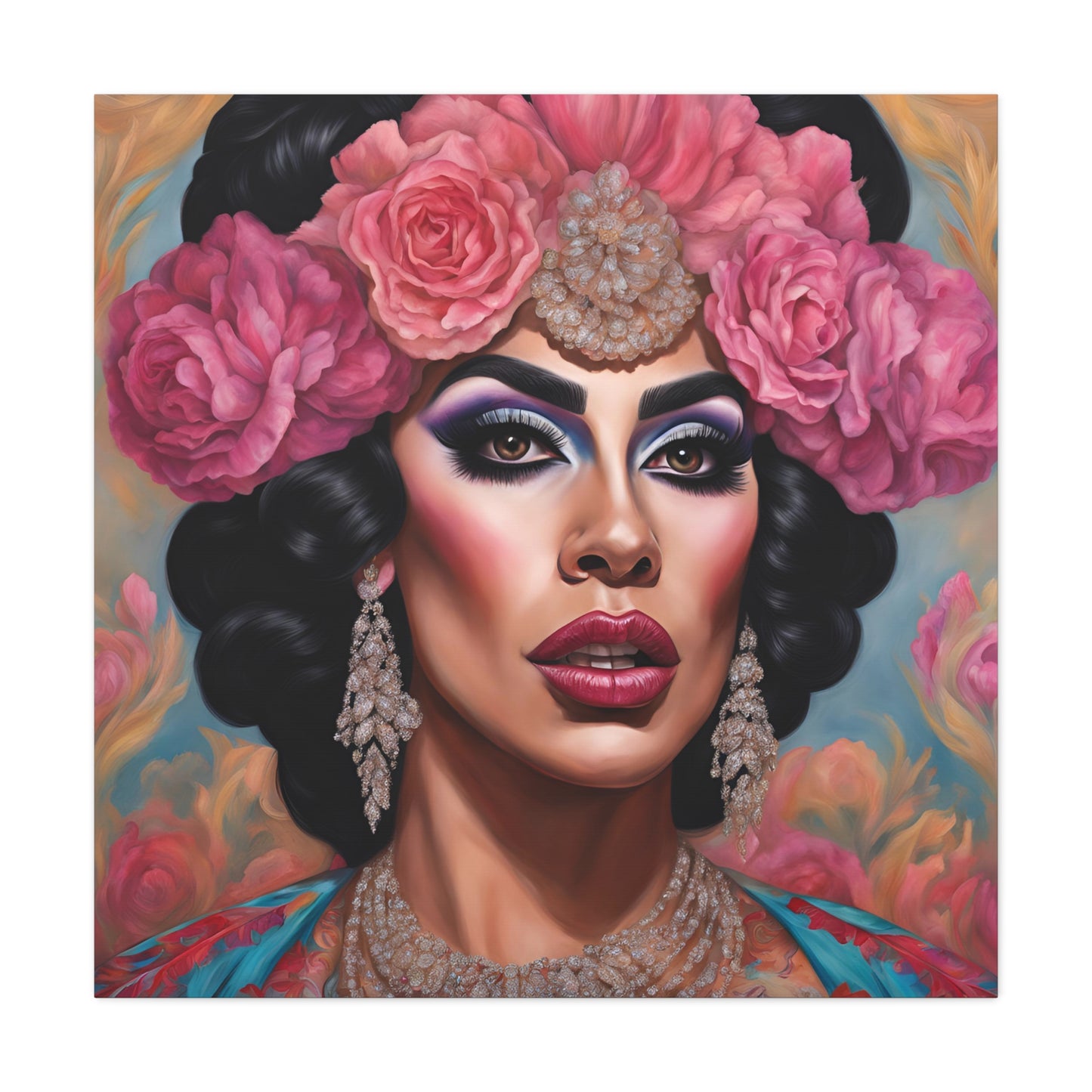 "Glamour and Grace Drag Queen Floral Portrait Canvas Print - 36x36"