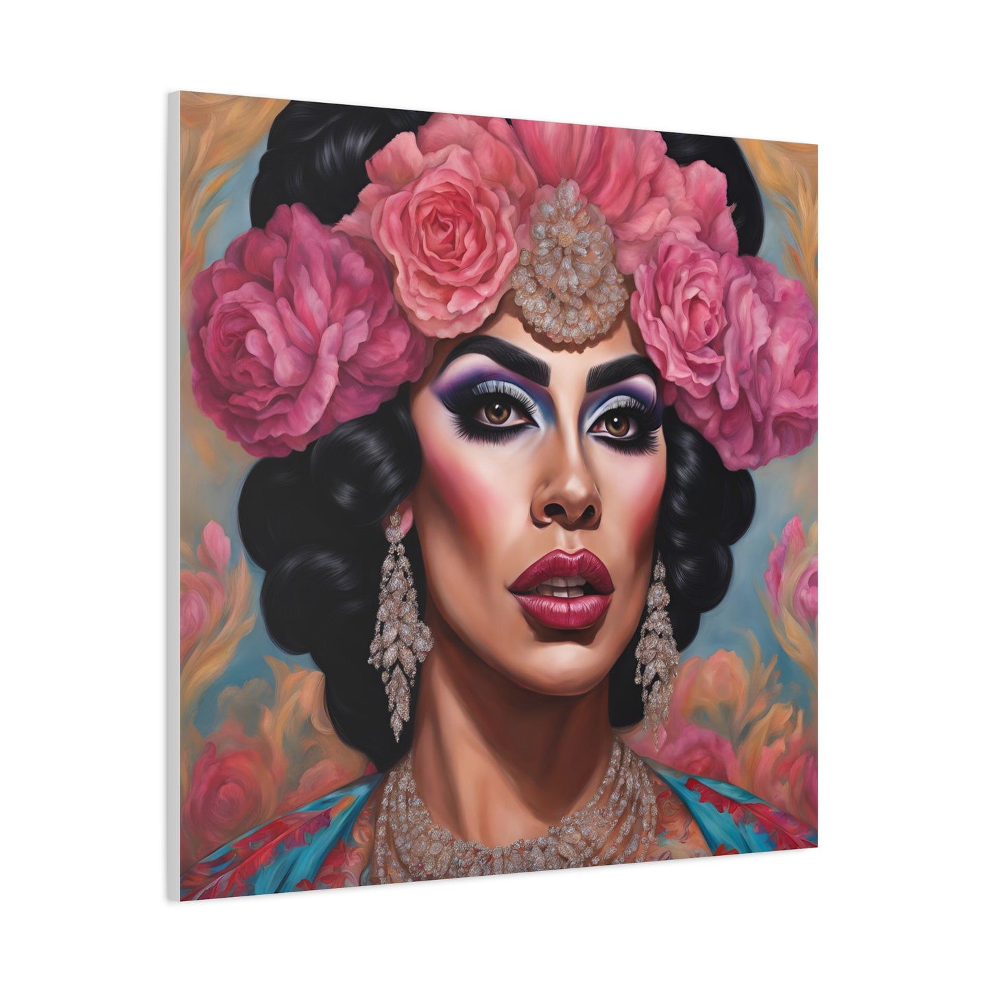 "Glamour and Grace Drag Queen Floral Portrait Canvas Print - 36x36"