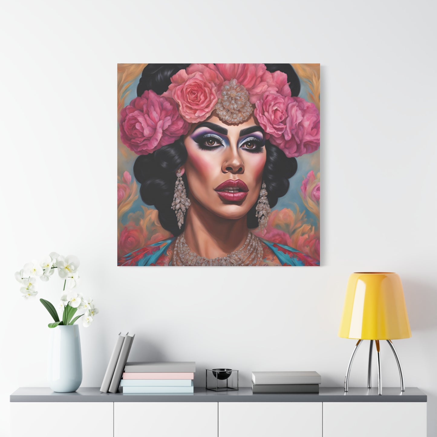 "Glamour and Grace Drag Queen Floral Portrait Canvas Print - 36x36"