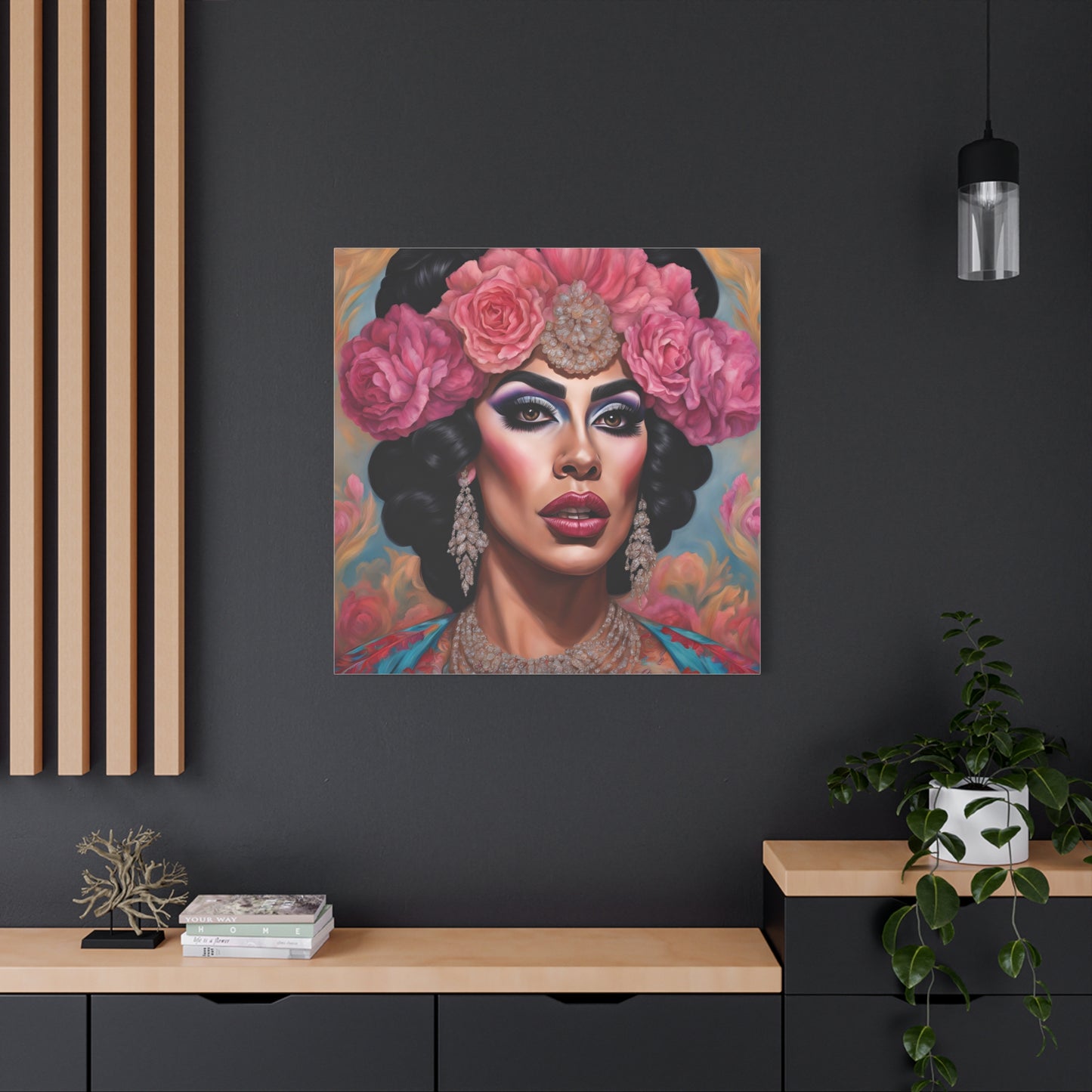 "Glamour and Grace Drag Queen Floral Portrait Canvas Print - 36x36"