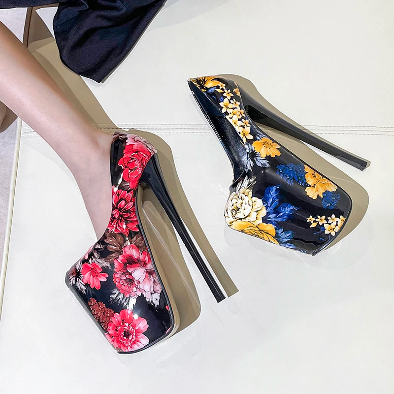 Floral Fantasy Platform Heels – 19cm Metal Thin Heels