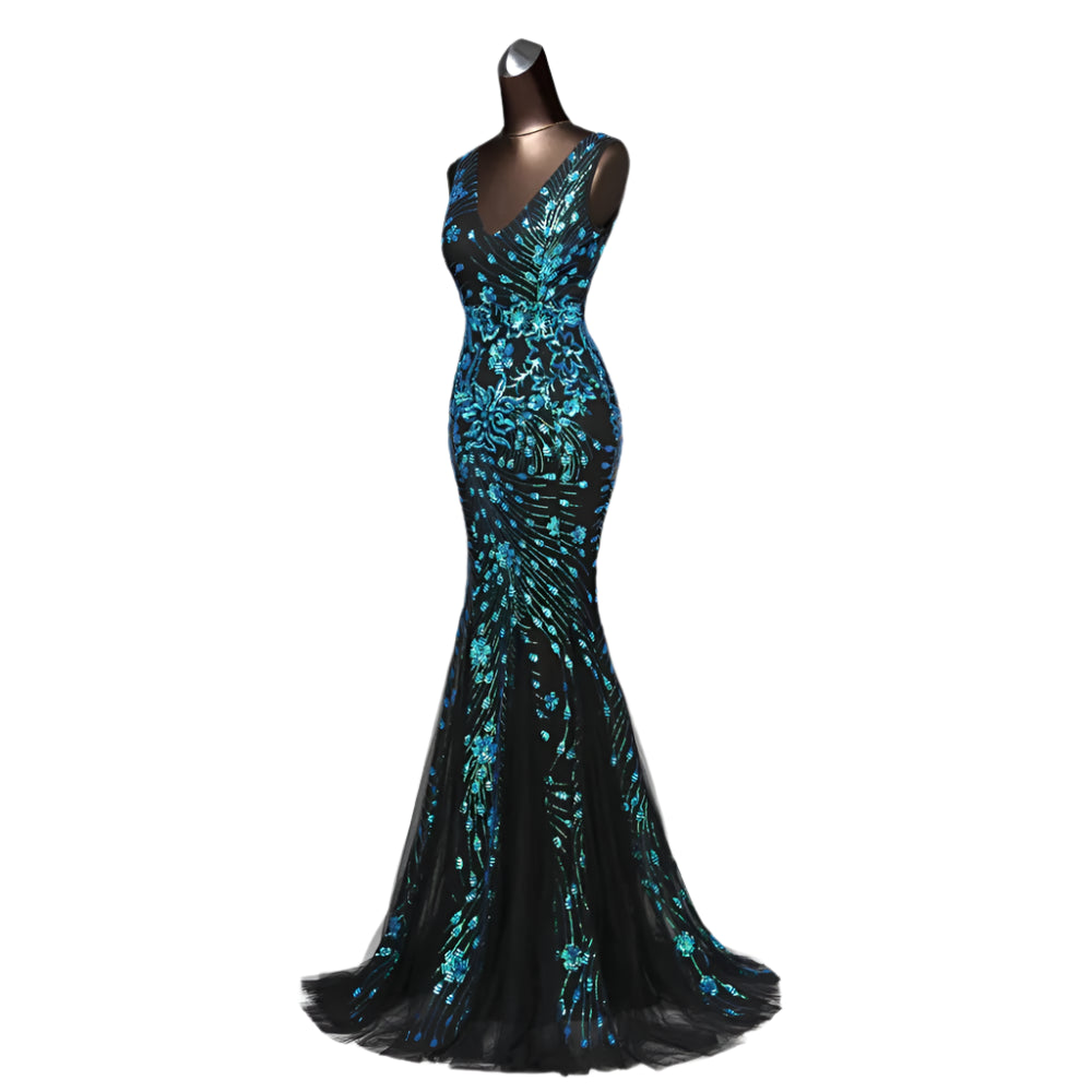 Drag Queen Dream Dress: Teal &amp; Black Sequined Mermaid Gown