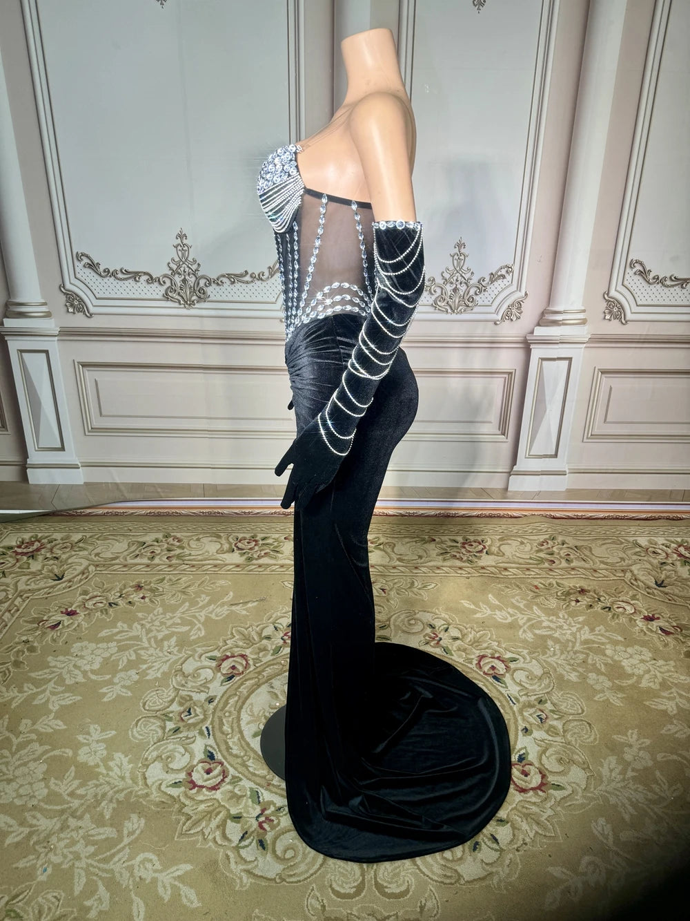 Crystal-Encrusted Velvet Gown with High Slit & Sheer Corset