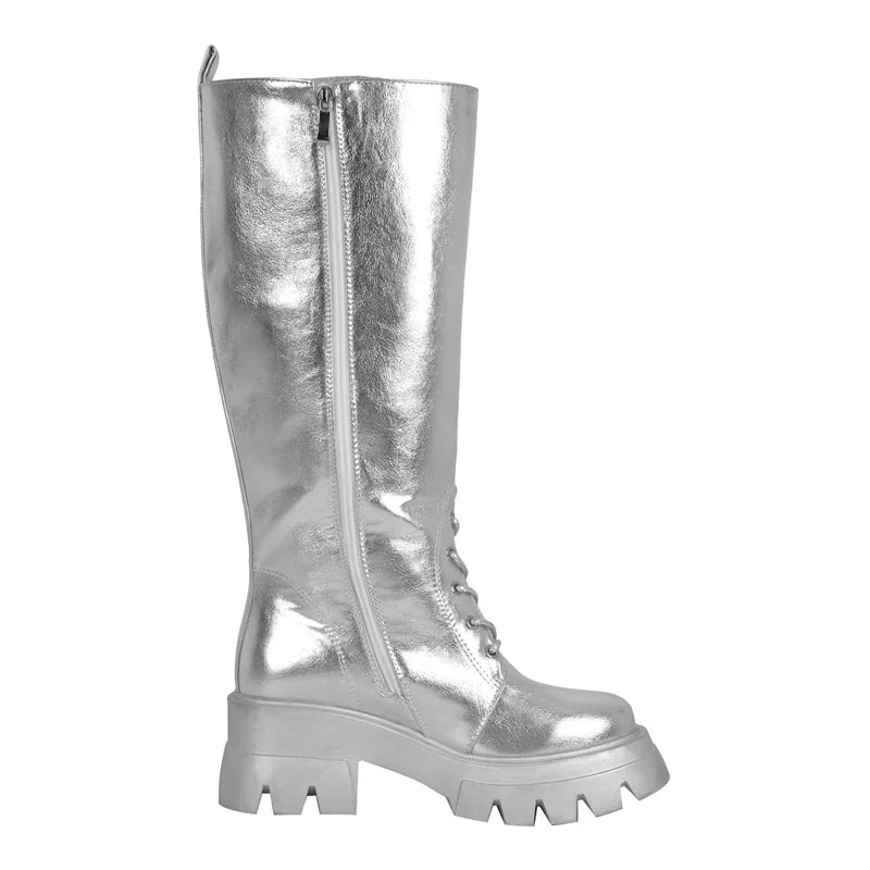 Strut Like a Queen: Silver Lace-Up Knee High Boots – Unleash Your Inner Diva!