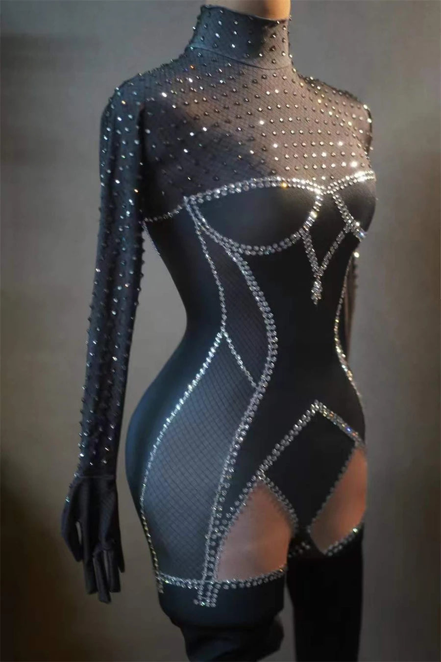 Stretch Rhinestone Gloved Jumpsuit