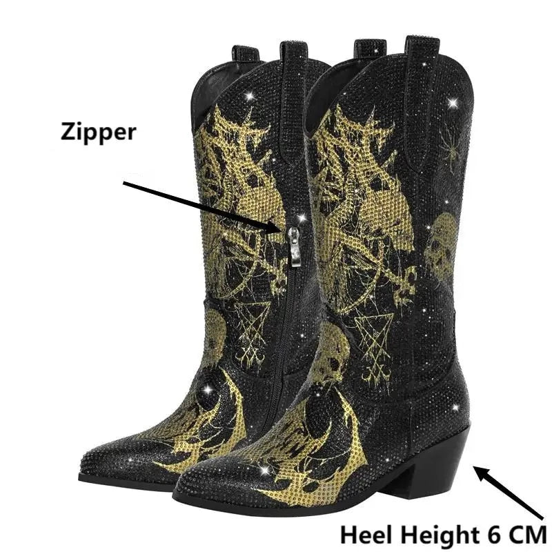 Strut in Stardust: GlamRock Rhinestone-Calf Western Skull Boots for Bold Beauties