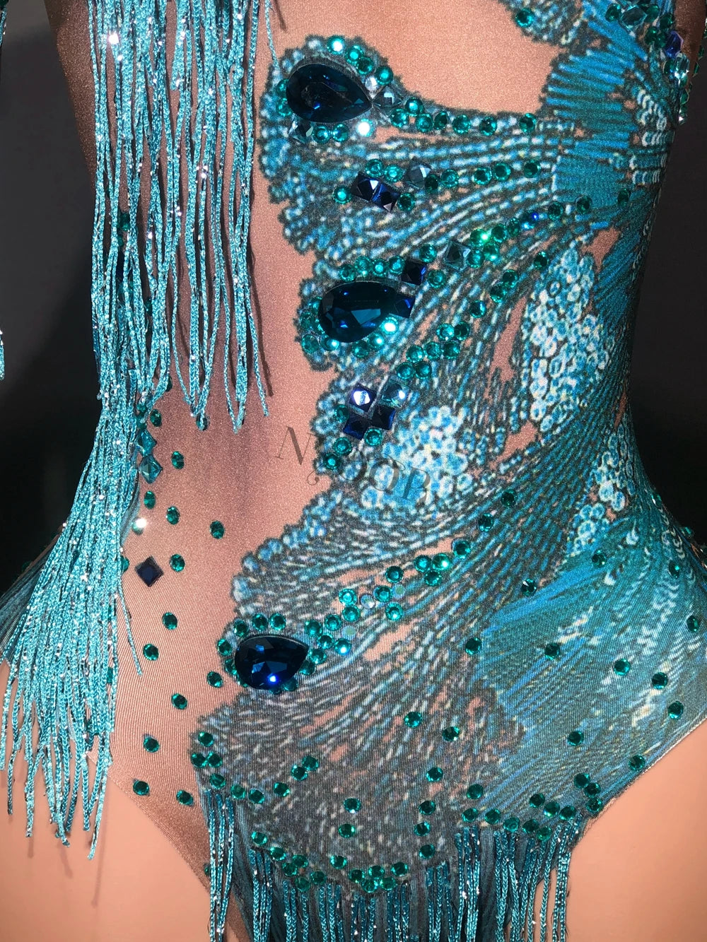 Blue Rhinestones Fringe One Shoulder Bodysuit