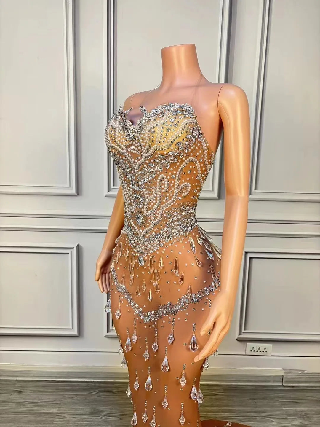 Crystal Rain Nude Illusion Gown with Train