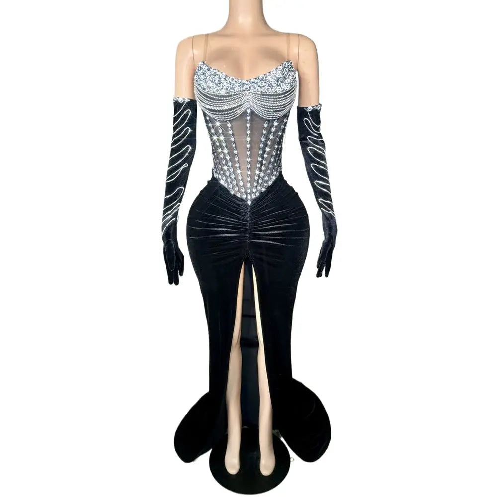 Crystal-Encrusted Velvet Gown with High Slit & Sheer Corset