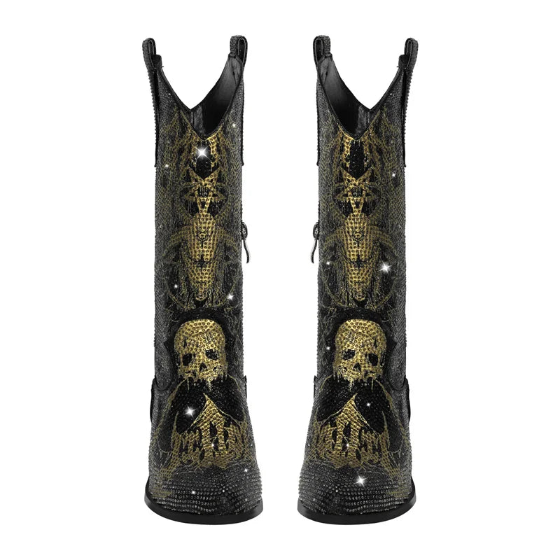 Strut in Stardust: GlamRock Rhinestone-Calf Western Skull Boots for Bold Beauties