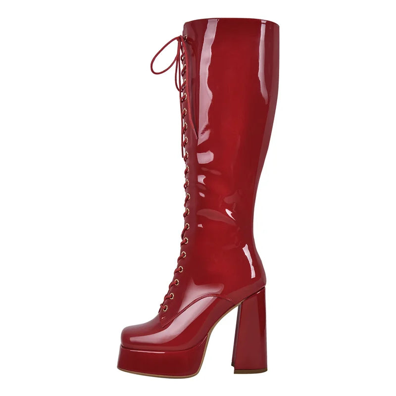 Strut & Slay: Glamazon Diva Square Toe Platform Knee High Boots