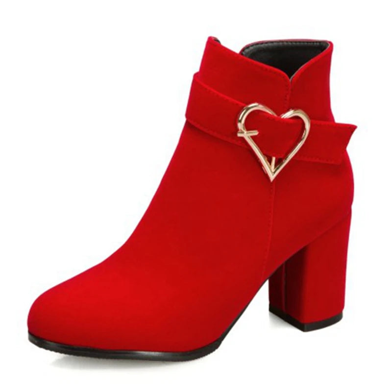 Drag Queen’s Chic Strut: Heart-Embellished Ankle Boots in Beige, Black, & Red