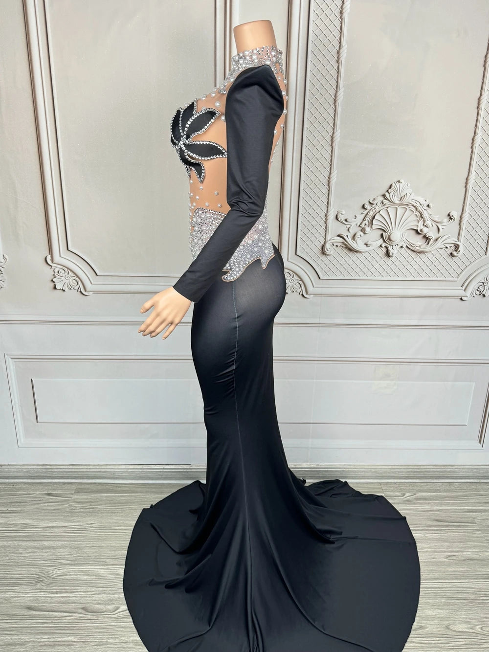 Crystal Illusion Long-Sleeve Mermaid Gown with Dramatic Train