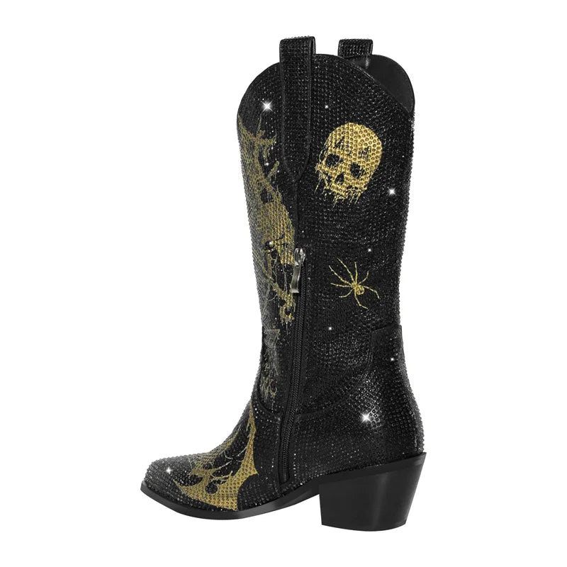 Strut in Stardust: GlamRock Rhinestone-Calf Western Skull Boots for Bold Beauties