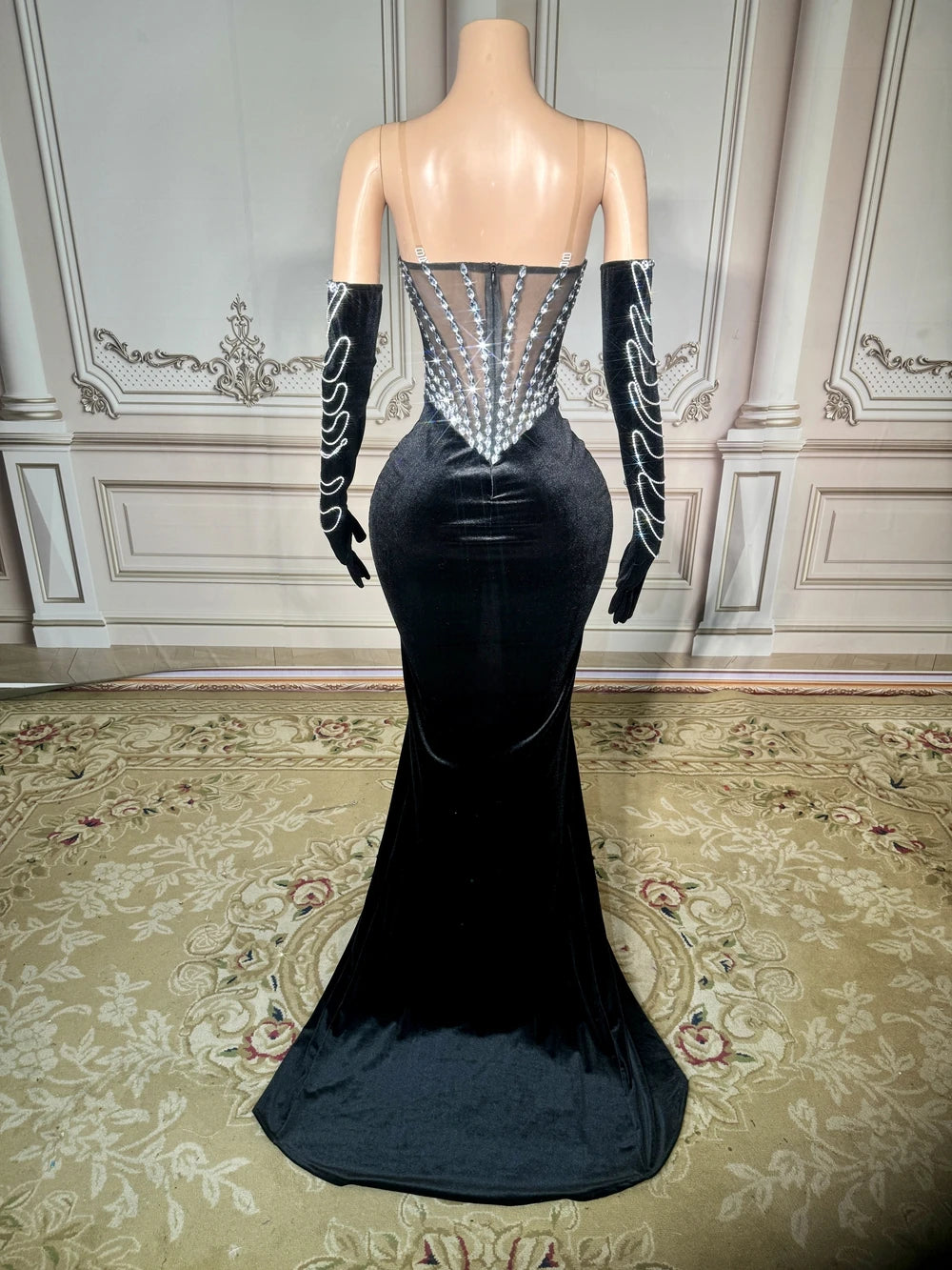 Crystal-Encrusted Velvet Gown with High Slit & Sheer Corset