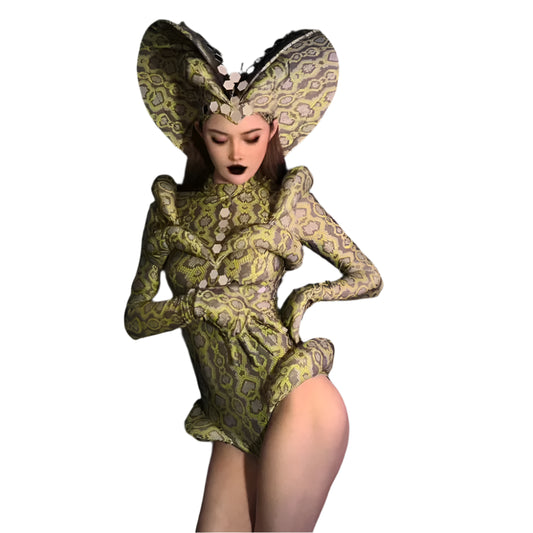 Venomous Elegance Snake-Print Drag Queen Bodysuit with Dramatic Headpiece