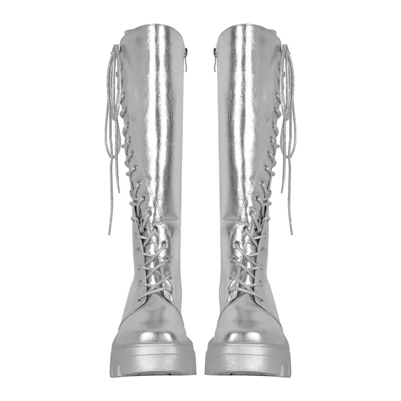 Strut Like a Queen: Silver Lace-Up Knee High Boots – Unleash Your Inner Diva!