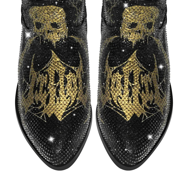 Strut in Stardust: GlamRock Rhinestone-Calf Western Skull Boots for Bold Beauties