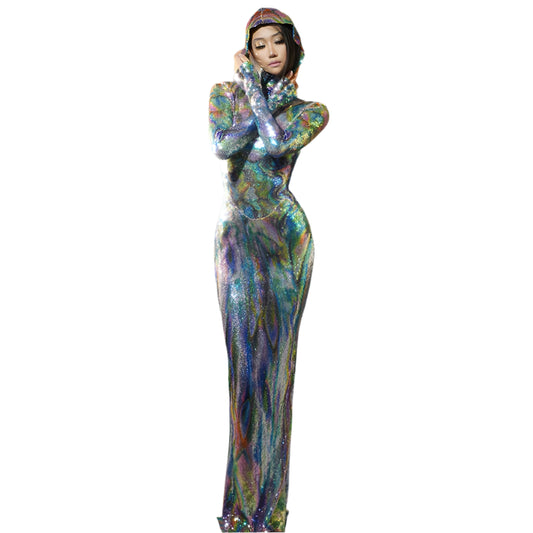 Holographic Glam Long Sleeve Drag Queen Gown with Hood