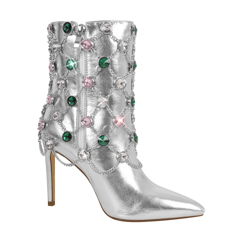 Strut and Slay: Lux Silver Crystals Ankle Boots for Queens Who Reign Supreme!