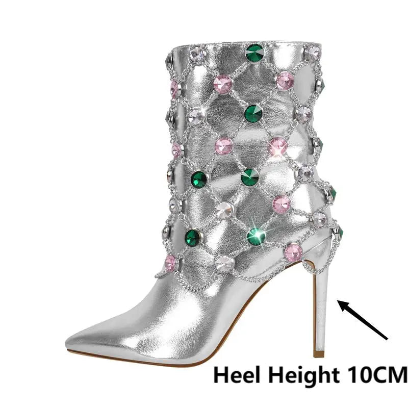 Strut and Slay: Lux Silver Crystals Ankle Boots for Queens Who Reign Supreme!