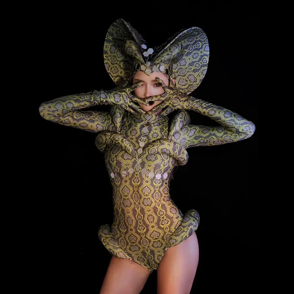 Venomous Elegance Snake-Print Drag Queen Bodysuit with Dramatic Headpiece