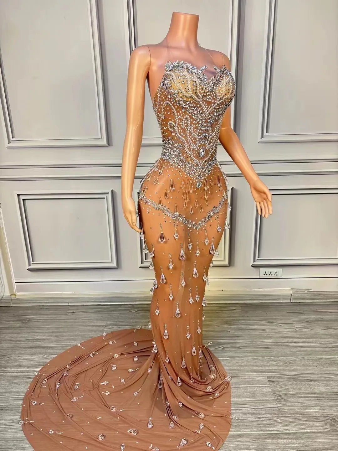 Crystal Rain Nude Illusion Gown with Train