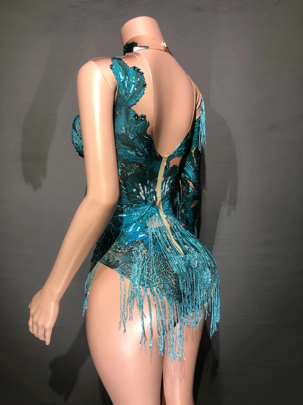 Blue Rhinestones Fringe One Shoulder Bodysuit