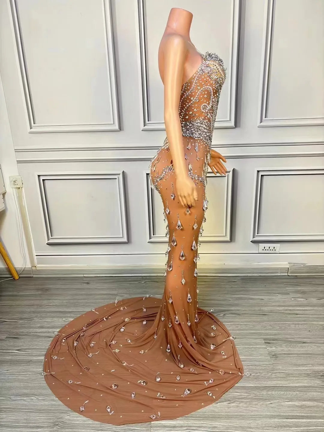 Crystal Rain Nude Illusion Gown with Train