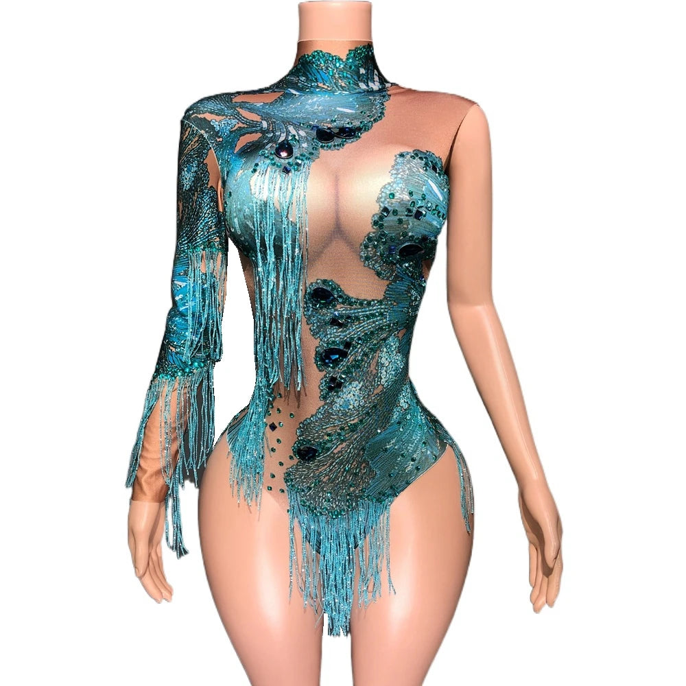 Blue Rhinestones Fringe One Shoulder Bodysuit