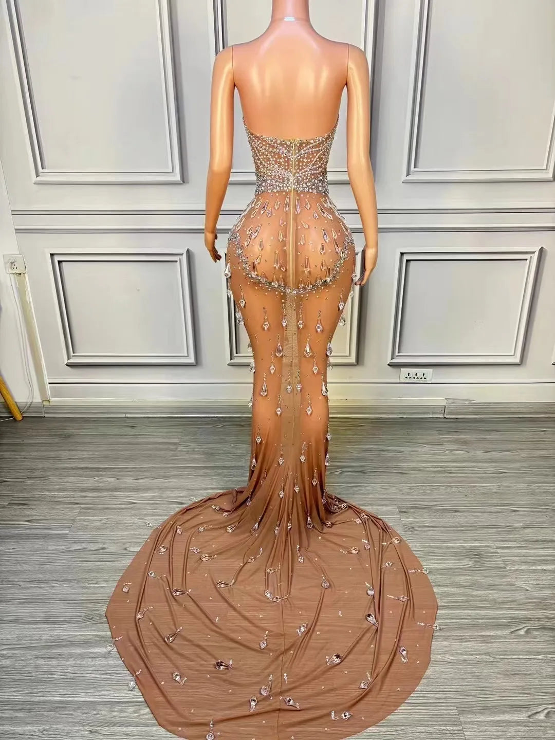 Crystal Rain Nude Illusion Gown with Train