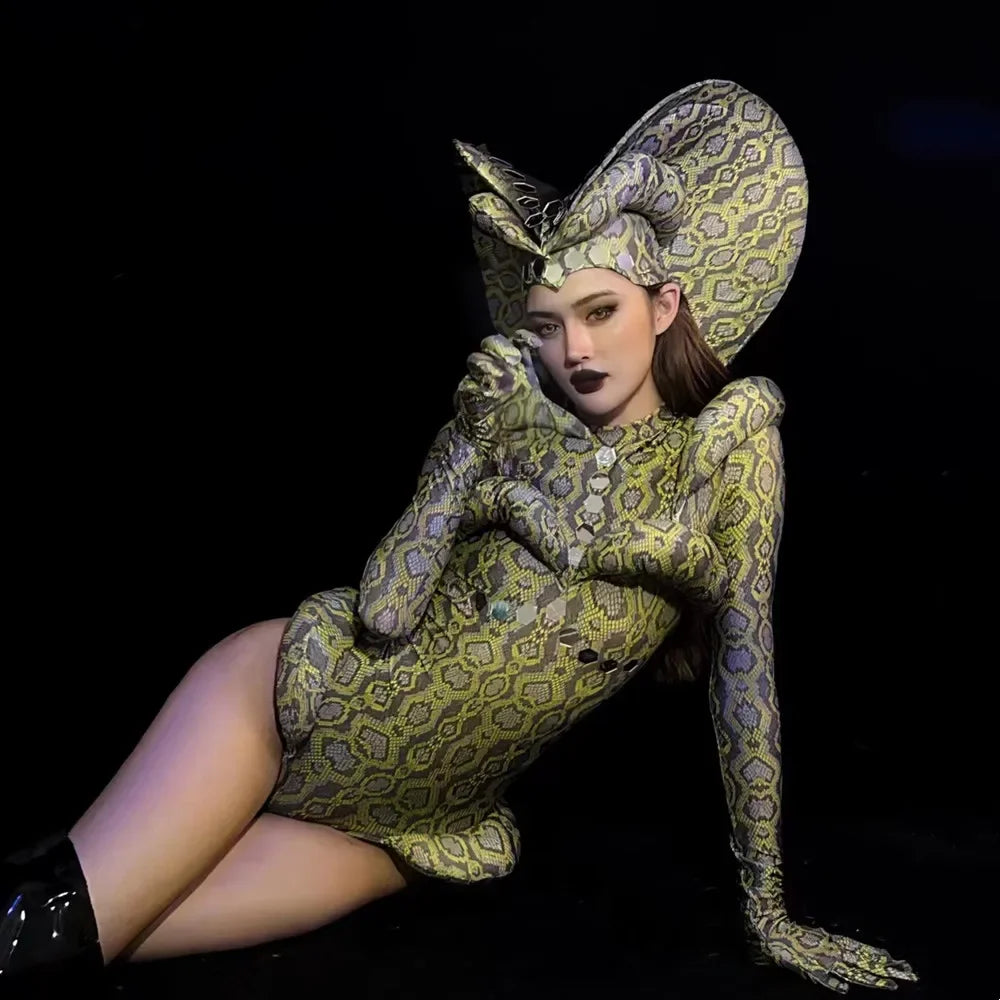 Venomous Elegance Snake-Print Drag Queen Bodysuit with Dramatic Headpiece