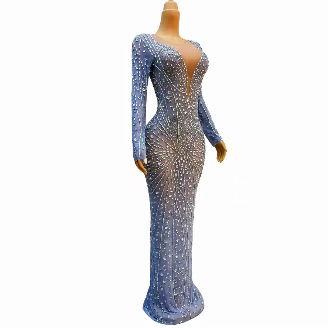 Sapphire Stunner: Sparkling Blue Rhinestone Drag Queen Dress