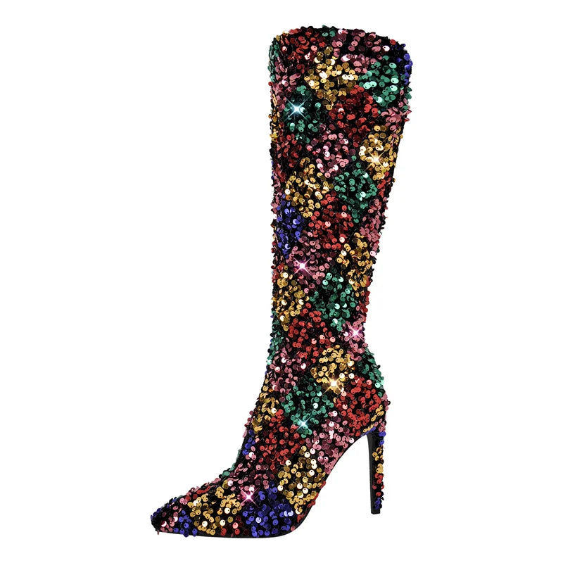 Strut 'n Sparkle: Glamazon Pointed Toe Sequined Boots for Drag Royalty