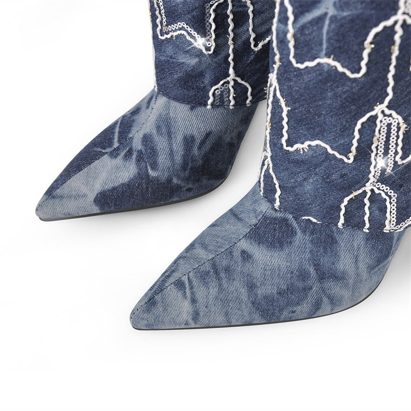 Super Star Embroidered Denim Boots