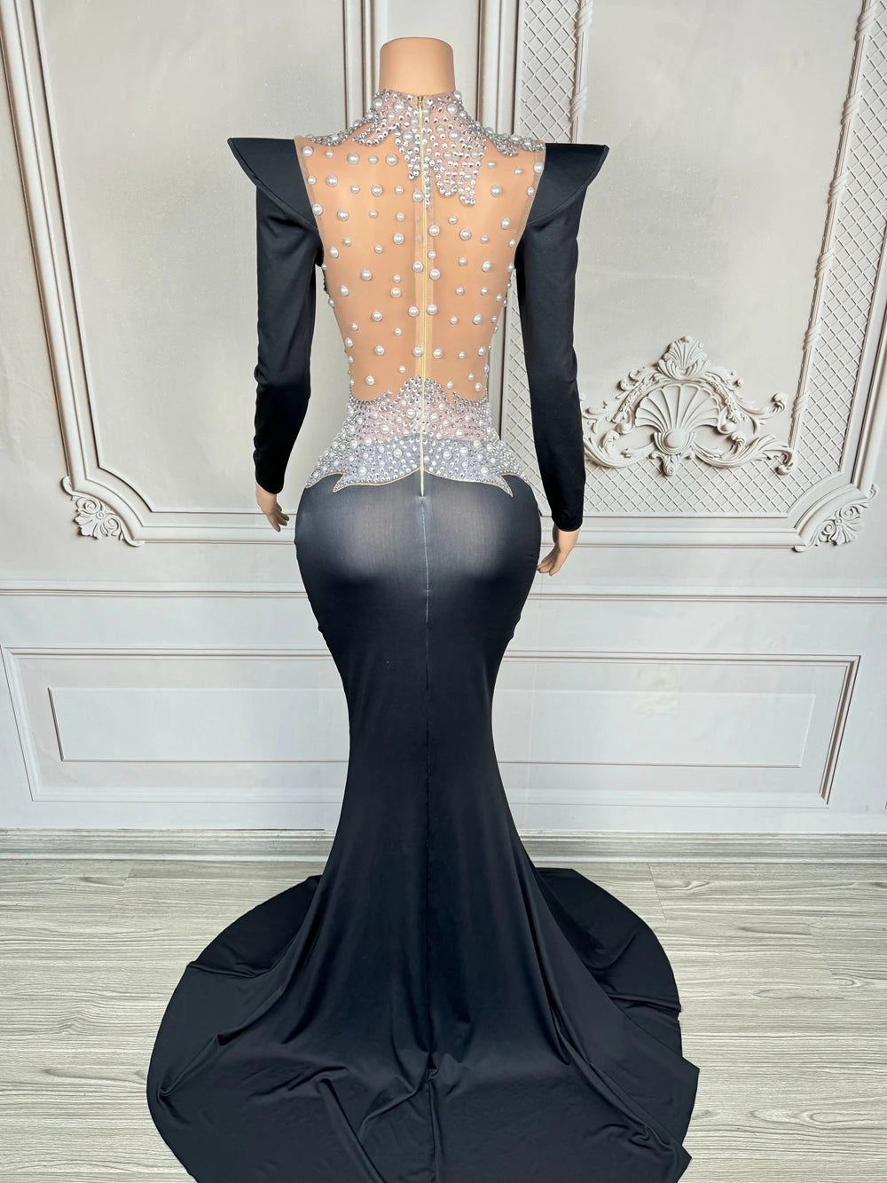 Crystal Illusion Long-Sleeve Mermaid Gown with Dramatic Train