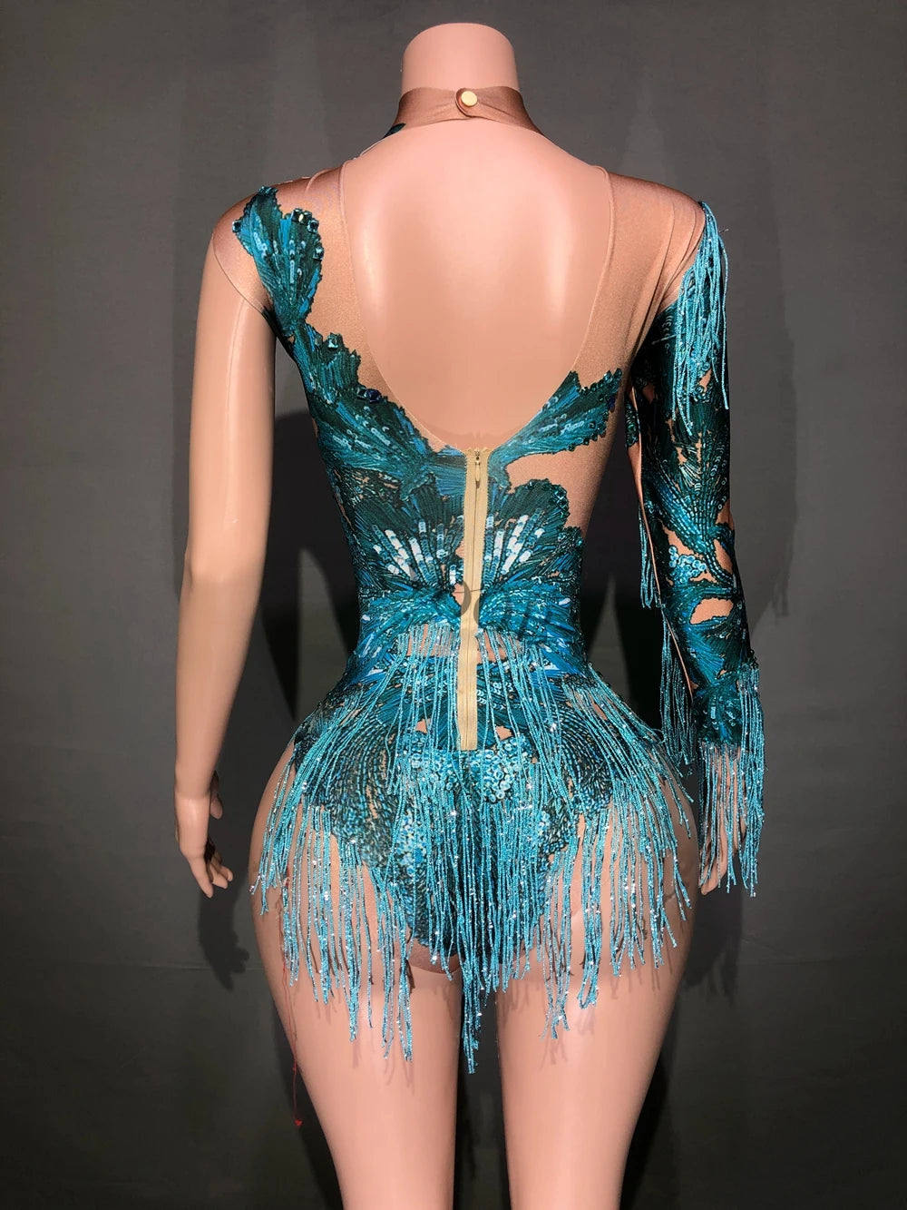 Blue Rhinestones Fringe One Shoulder Bodysuit