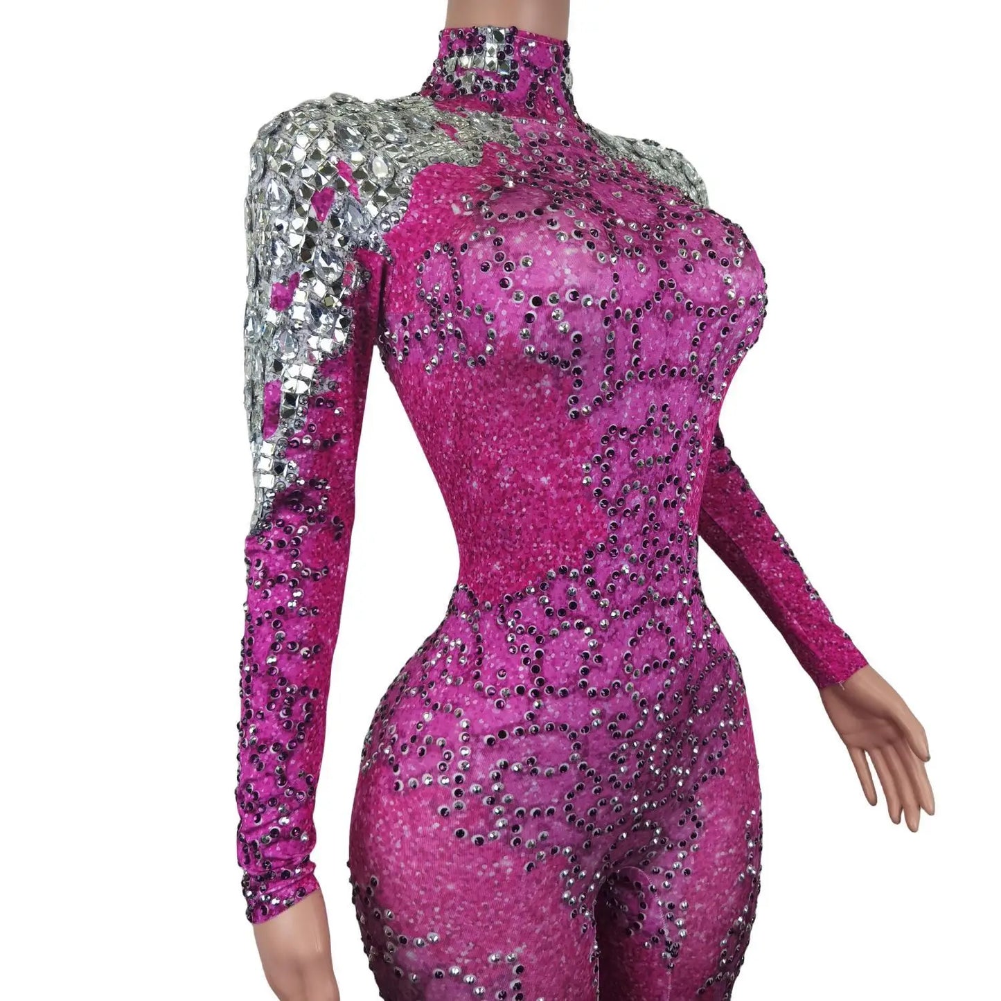 High Neck Sequined Pink Jumpsuit