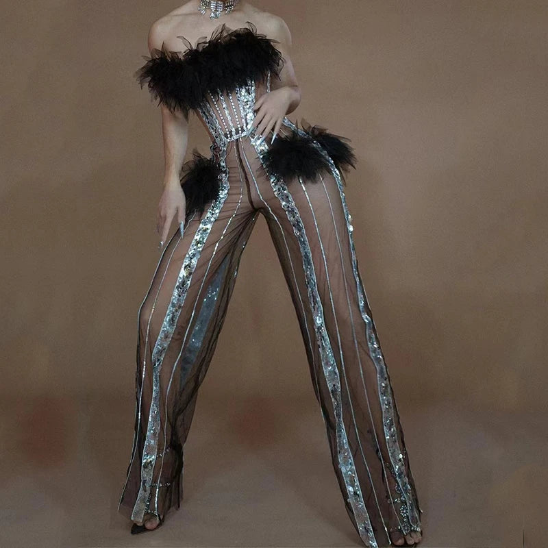 Transparent Drag Queen Feather Jumpsuit