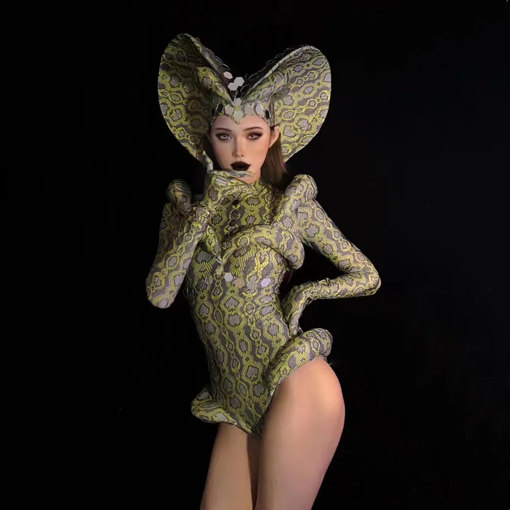 Venomous Elegance Snake-Print Drag Queen Bodysuit with Dramatic Headpiece