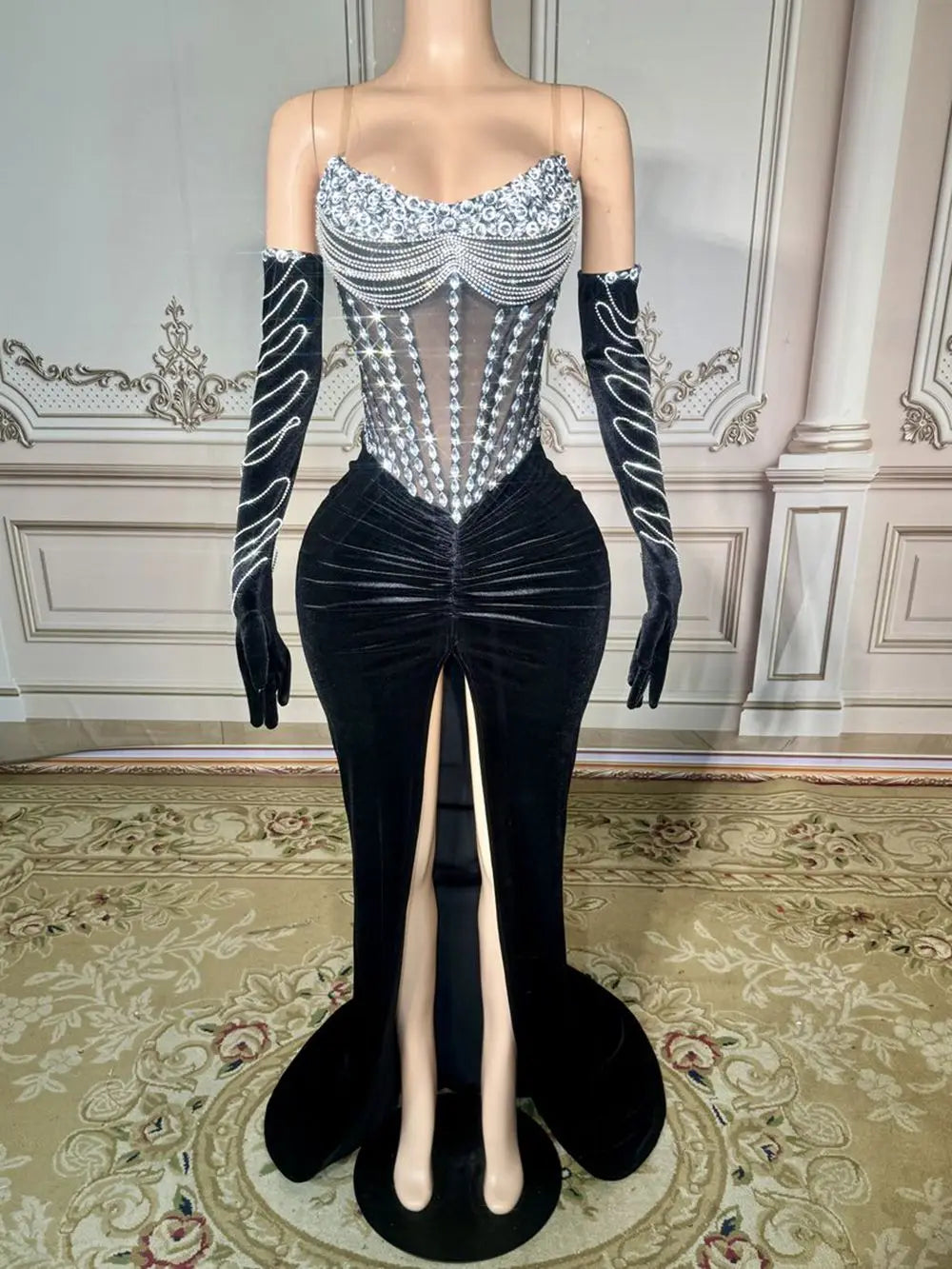 Crystal-Encrusted Velvet Gown with High Slit & Sheer Corset