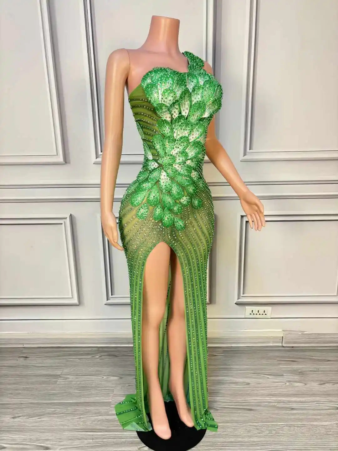 Emerald Envy Drag Queen Gown – Rhinestone Elegance