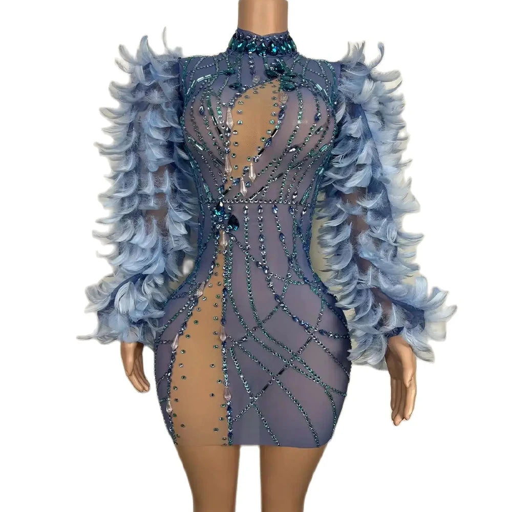 Feathers Mesh Stretch Mini Dress