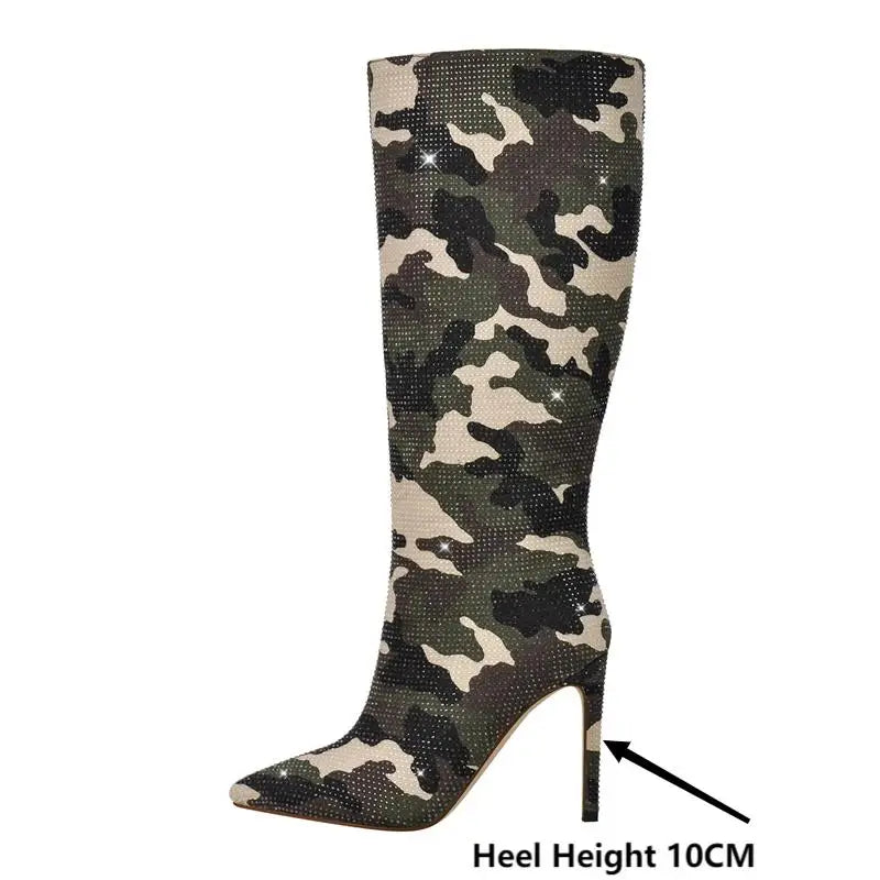 Slay All Day: Command Attention in Camo Glamour Knee-High Stiletto Boots for Fabulous Feet!