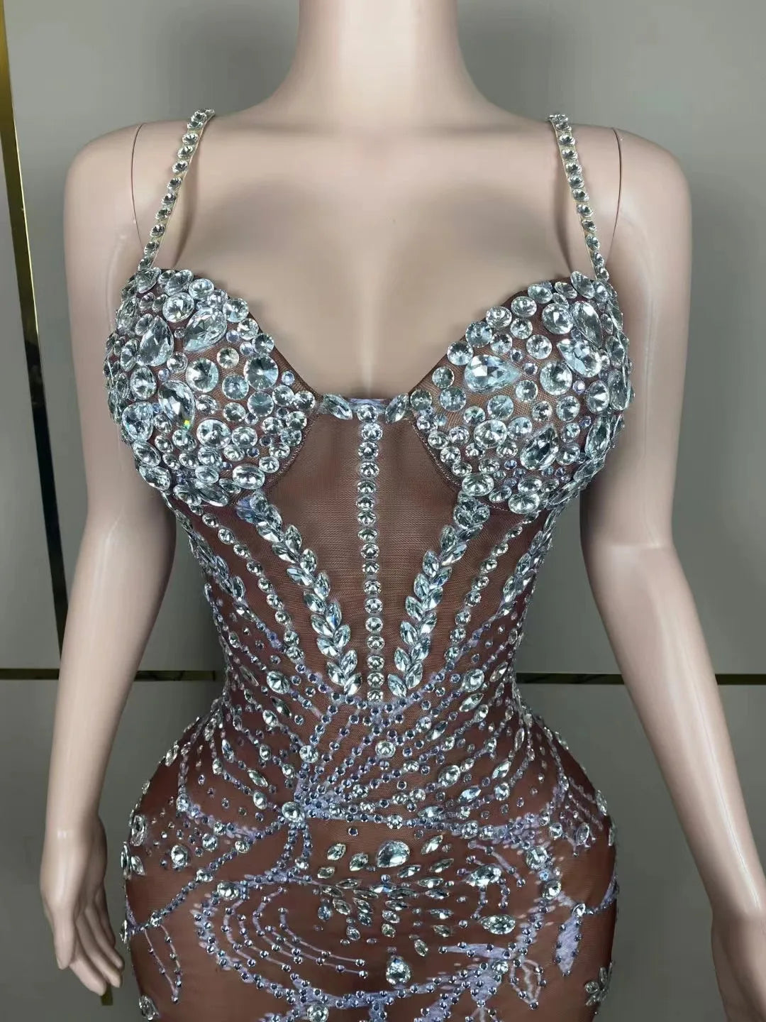 Sparkly Silver Crystals Sheer Gown