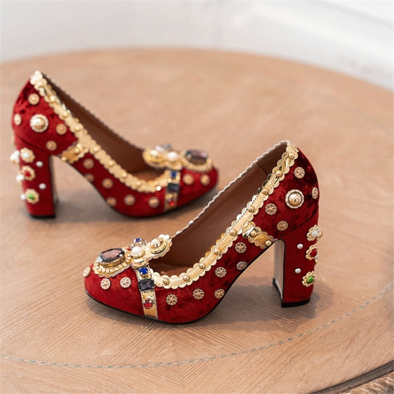 Velvet Rhinestone Rivets Heels: Drag Queen Approved