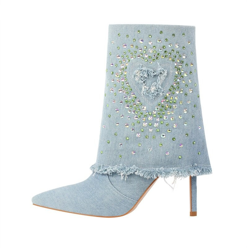 Queen Rhinestone Heart Denim Boots