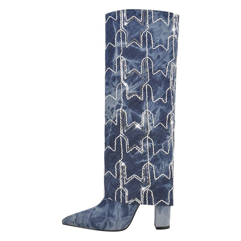 Super Star Embroidered Denim Boots