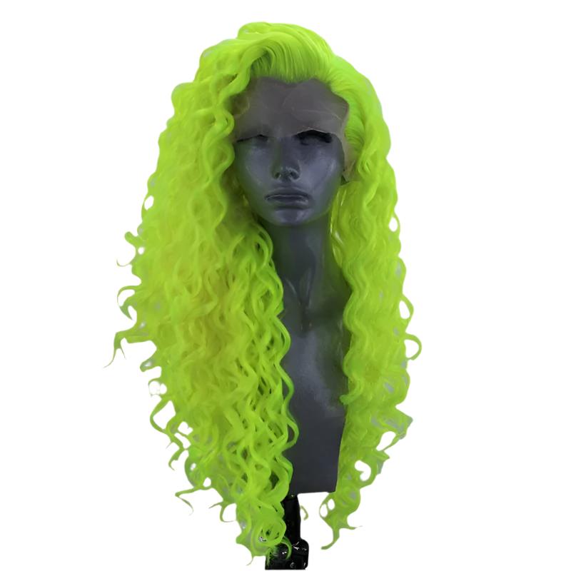 "Fluorescent Green Curly Lace Front Wig – Bold, Glueless, and Heat-Resistant"